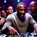 Idris Elba as DJ Big Driis, spinning records in a packed London club, energetic atmosphere, strobe lights, diverse crowd, focus on Elba's passionate expression.