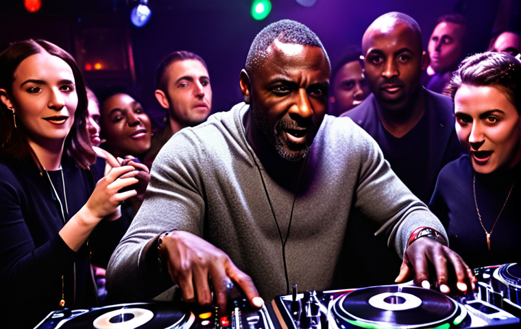Idris Elba as DJ Big Driis, spinning records in a packed London club, energetic atmosphere, strobe lights, diverse crowd, focus on Elba's passionate expression.