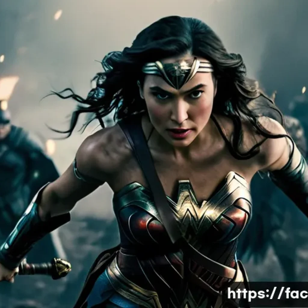 Gal Gadot의 원더우먼 캐스팅 스토리 - **Image Prompt 1:** A full-shot cinematic portrait of Gal Gadot as Wonder Woman in a fierce battle s...