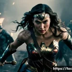 Gal Gadot의 원더우먼 캐스팅 스토리 - **Image Prompt 1:** A full-shot cinematic portrait of Gal Gadot as Wonder Woman in a fierce battle s...